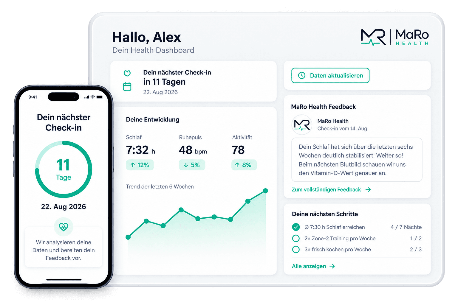 Beispielansicht des MaRo Health Dashboards mit Verlaufswerten, einer persönlichen Einordnung und dem nächsten Termin